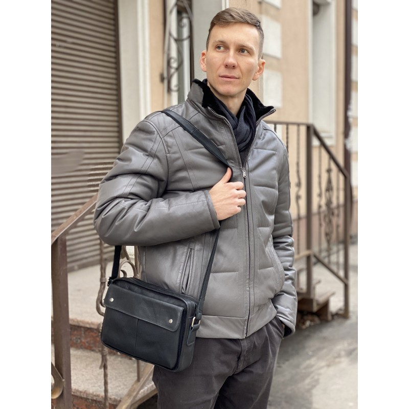 Мужская кожаная сумка Brandon через плечо черная - 4 фото