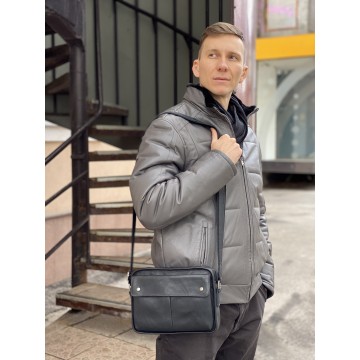 Чоловіча шкіряна сумка Brandon через плече чорна фото