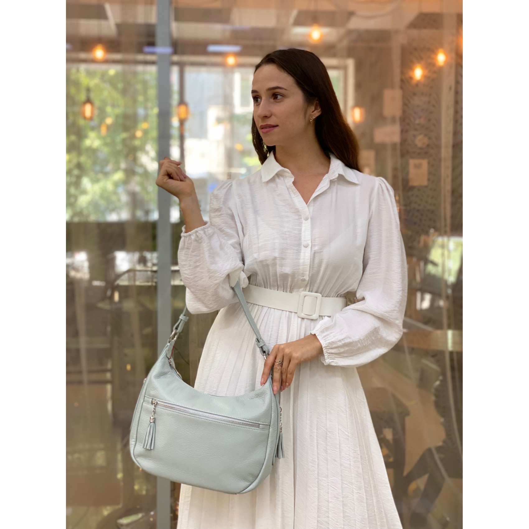 Женская кожаная сумка хобо Linda мятная