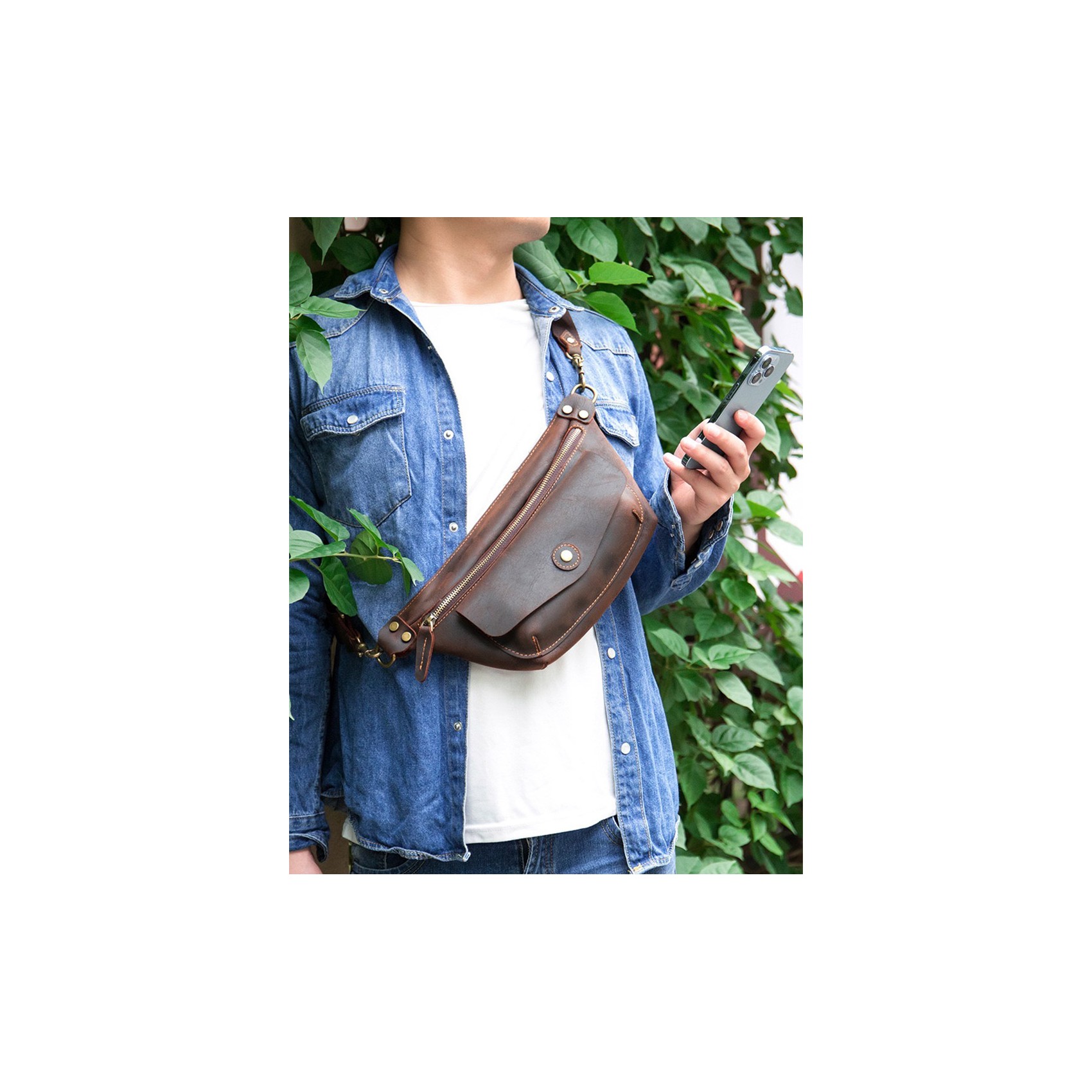 Чоловіча шкіряна сумка бананка на пояс Broughton темно-коричнева