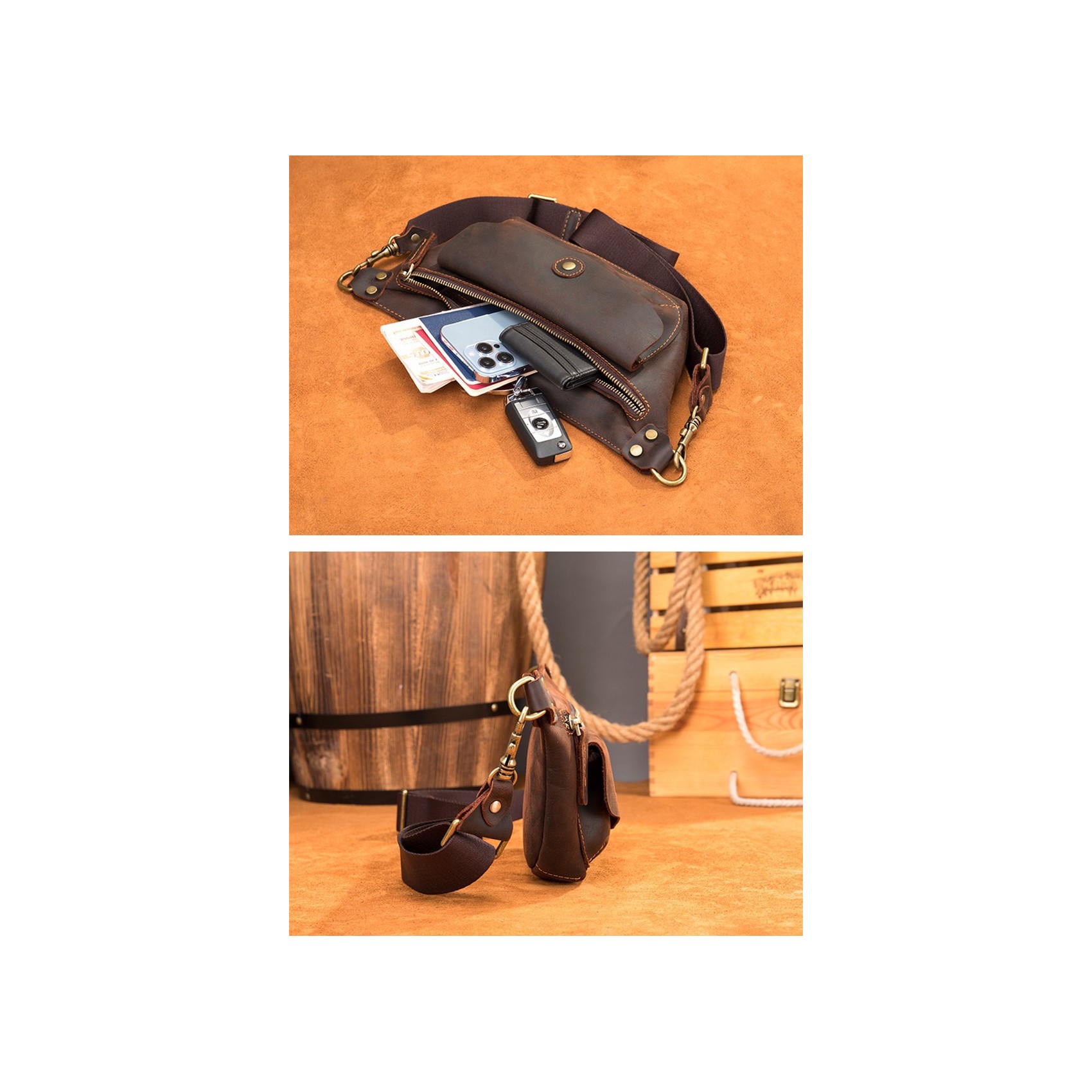 Чоловіча шкіряна сумка бананка на пояс Broughton темно-коричнева