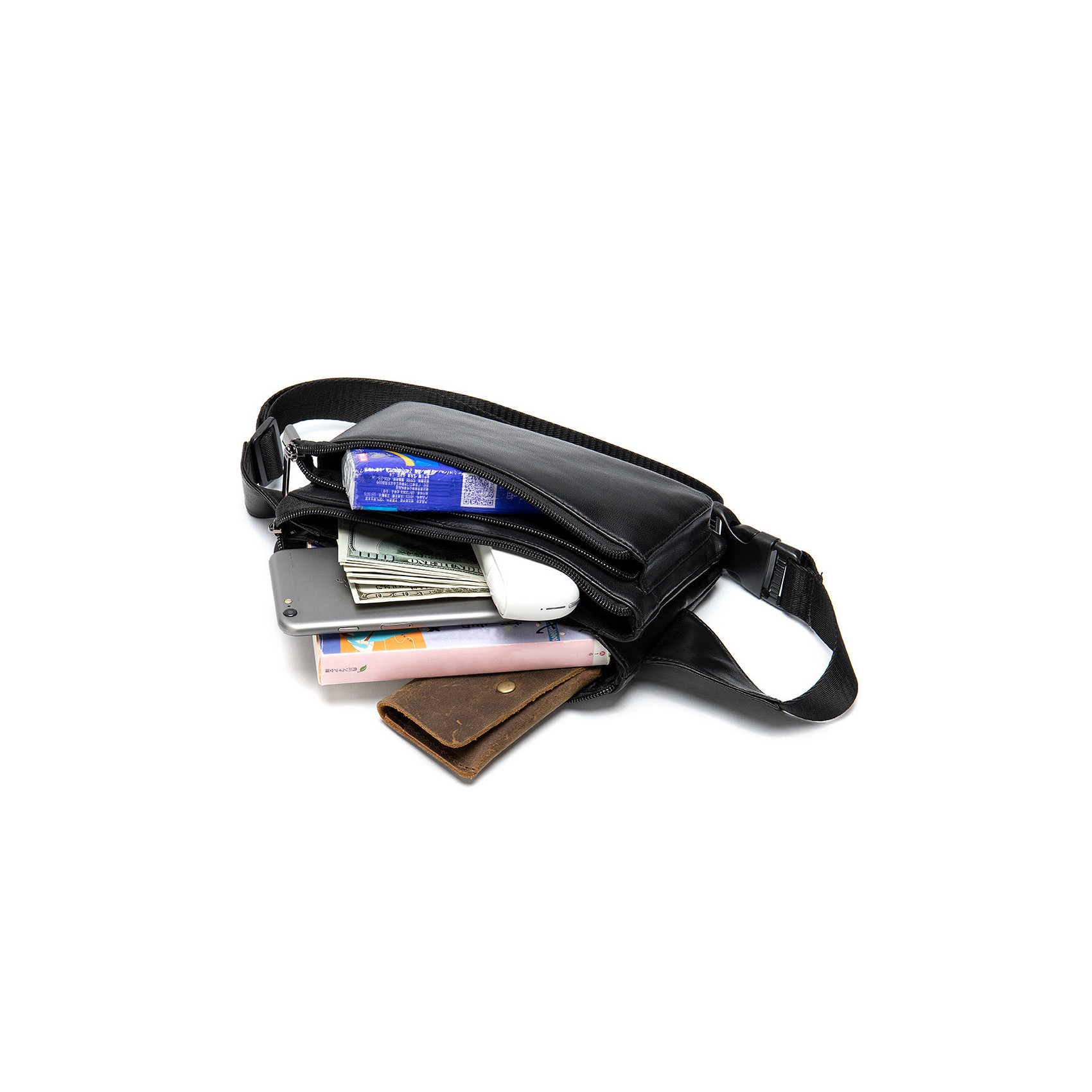 Чоловіча шкіряна сумка бананка на пояс Wiltone чорна