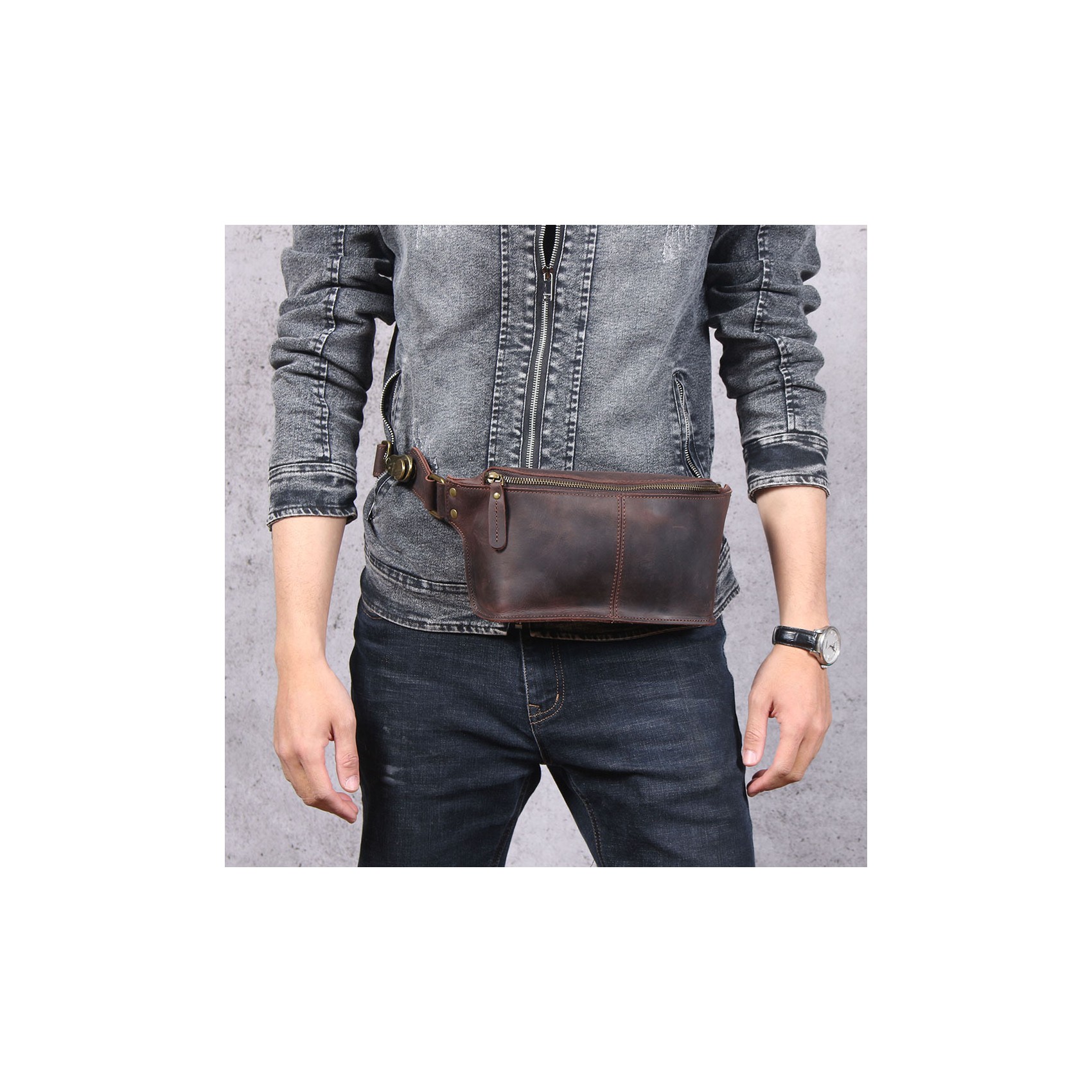Чоловіча шкіряна сумка бананка на пояс Hector темно-коричнева
