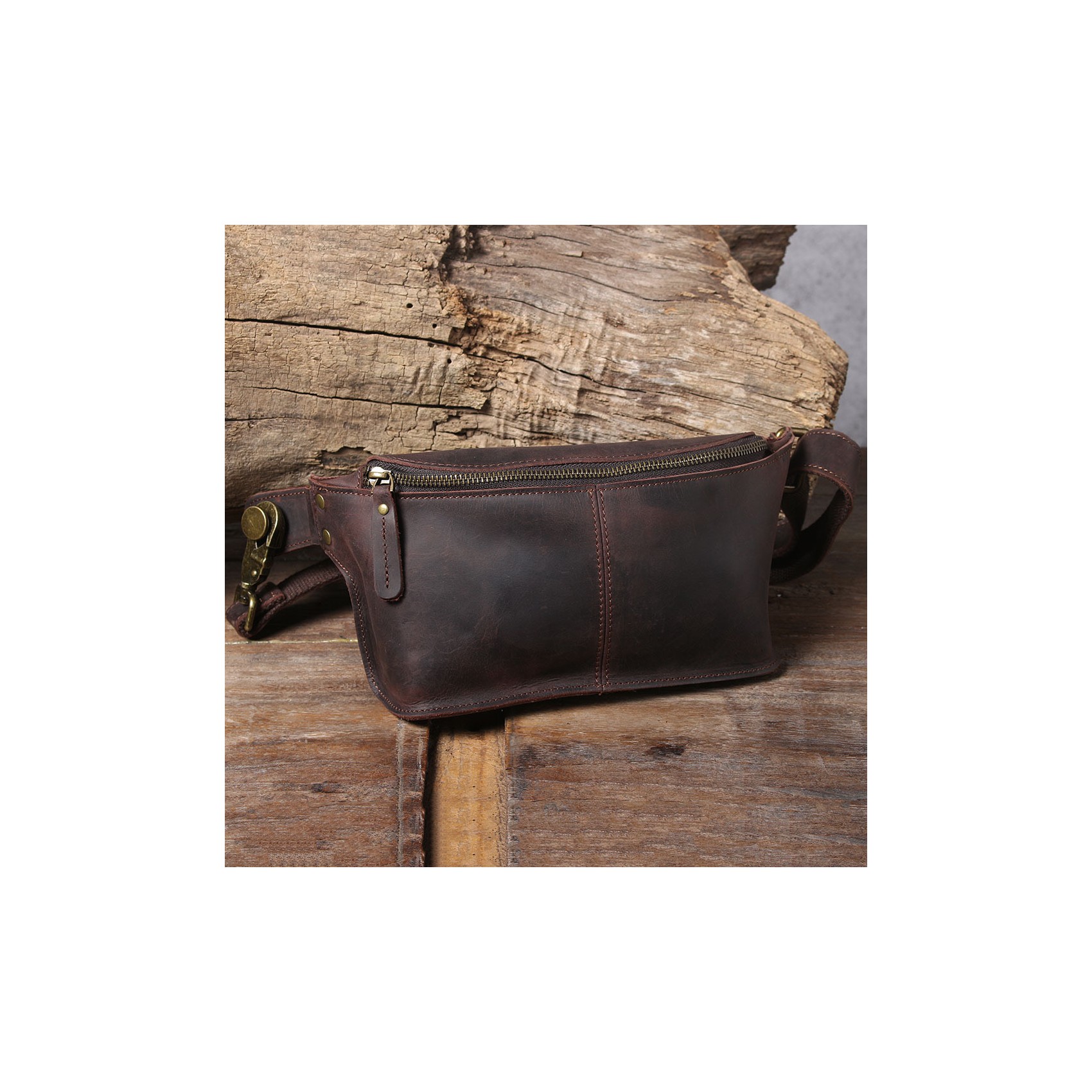 Чоловіча шкіряна сумка бананка на пояс Hector темно-коричнева