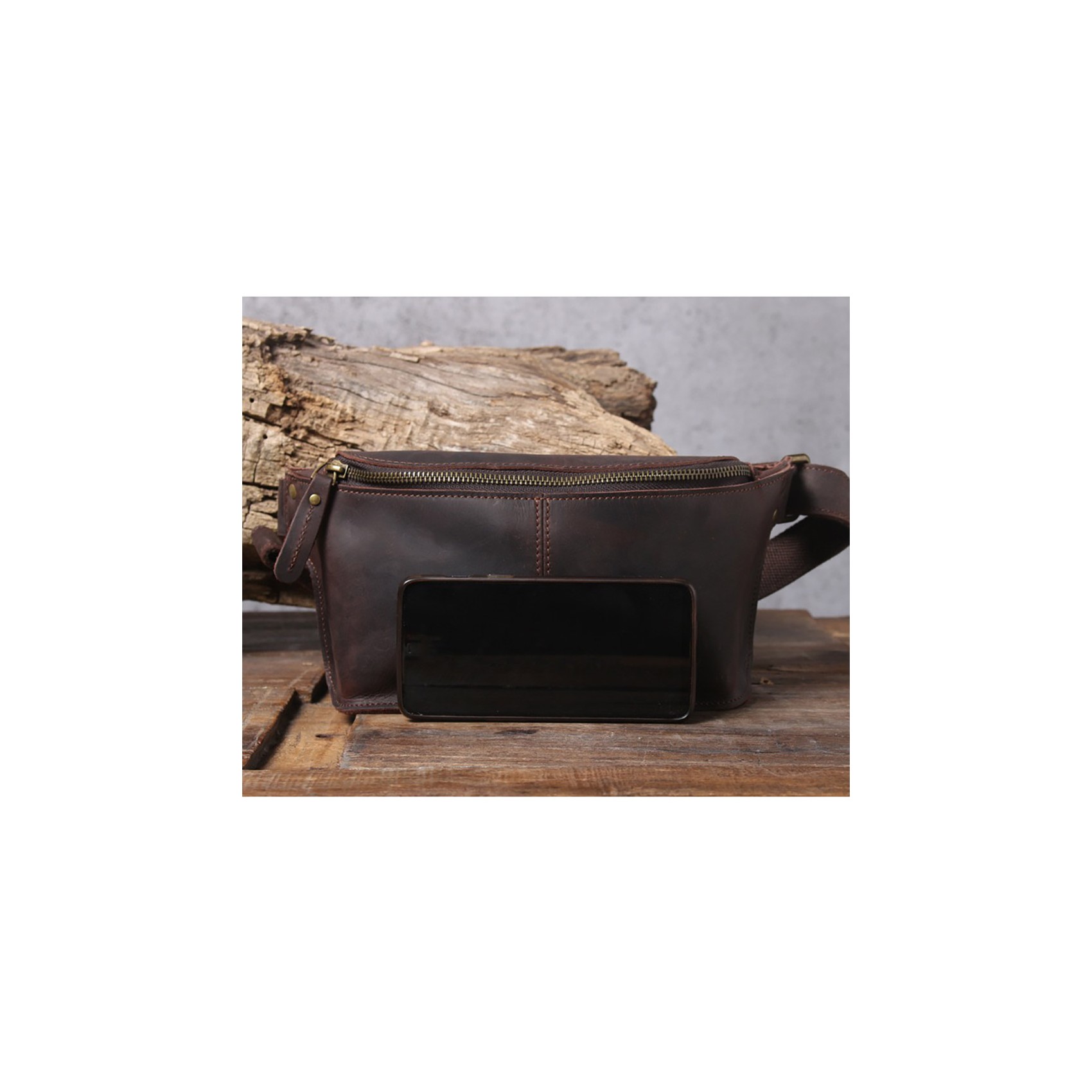 Мужская кожаная сумка бананка на пояс Hector темно-коричневая