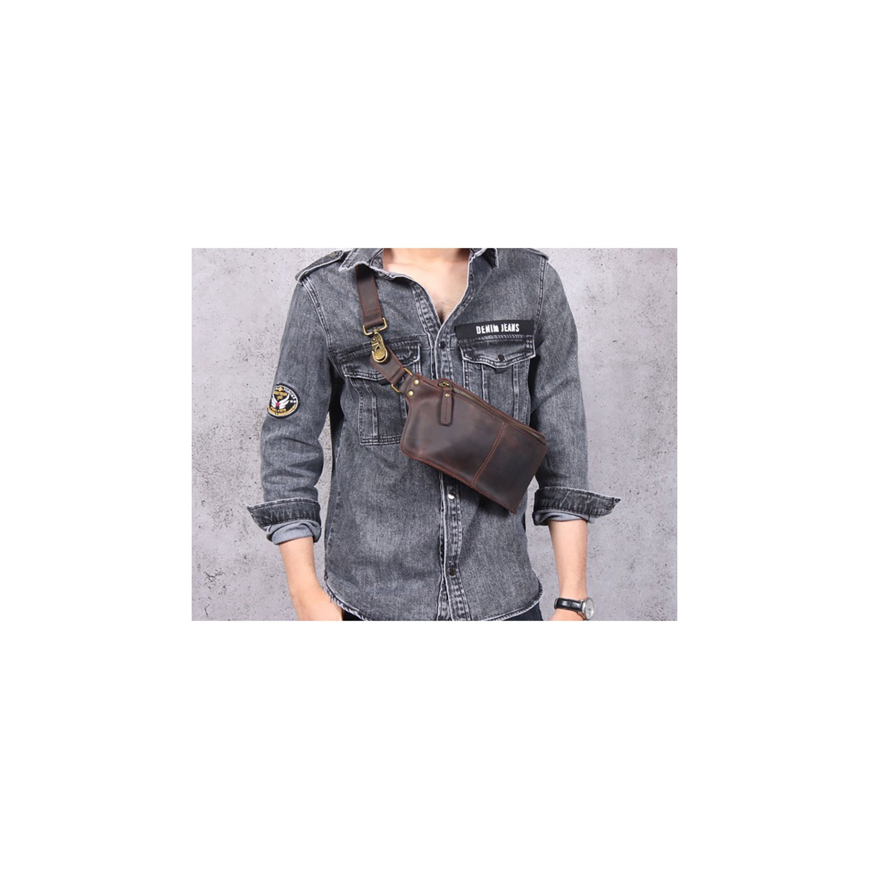 Мужская кожаная сумка бананка на пояс Hector темно-коричневая