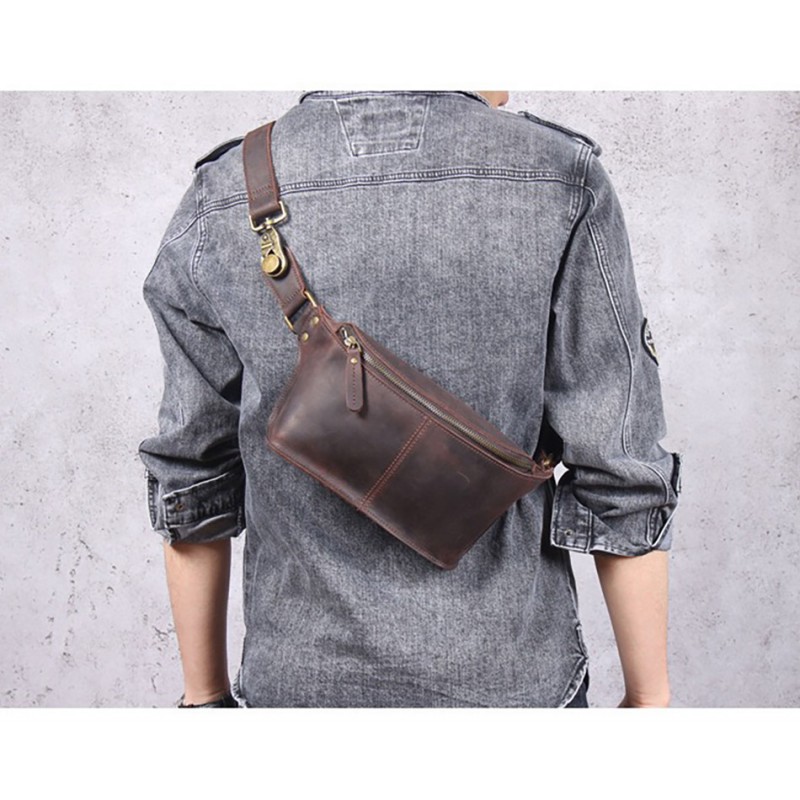 Мужская кожаная сумка бананка на пояс Hector темно-коричневая - 7 фото