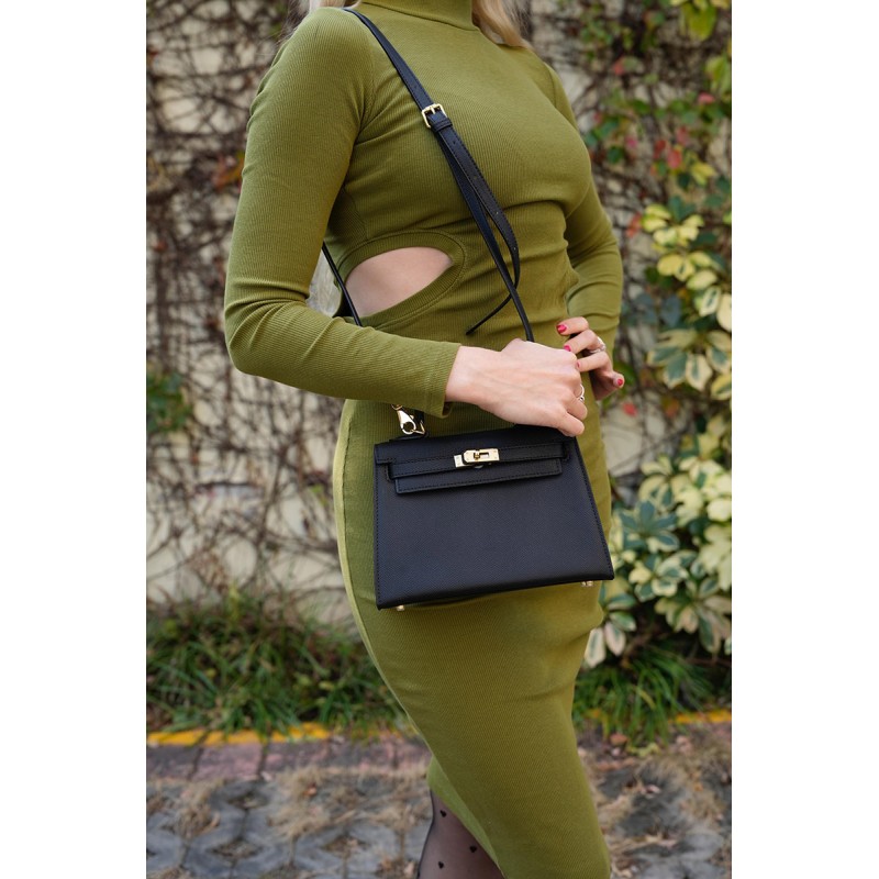 Женская кожаная сумка Kelly черная - 4 фото