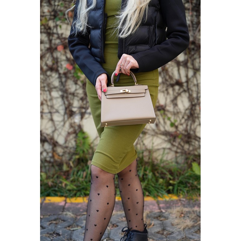 Жіноча шкіряна сумка Kelly сіро-бежева - 12 фото