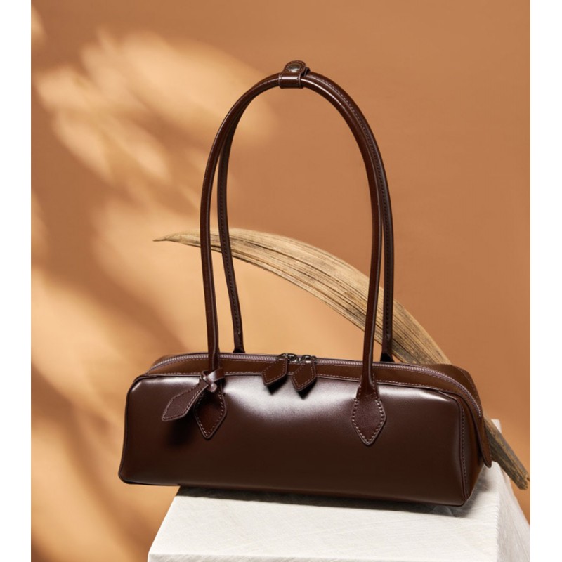 Женская кожаная сумка багет Melody темно-коричневая - 9 фото