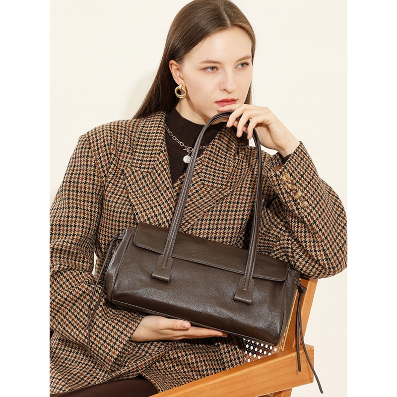 Женская кожаная сумка багет Sandra темно-коричневая - 1 фото