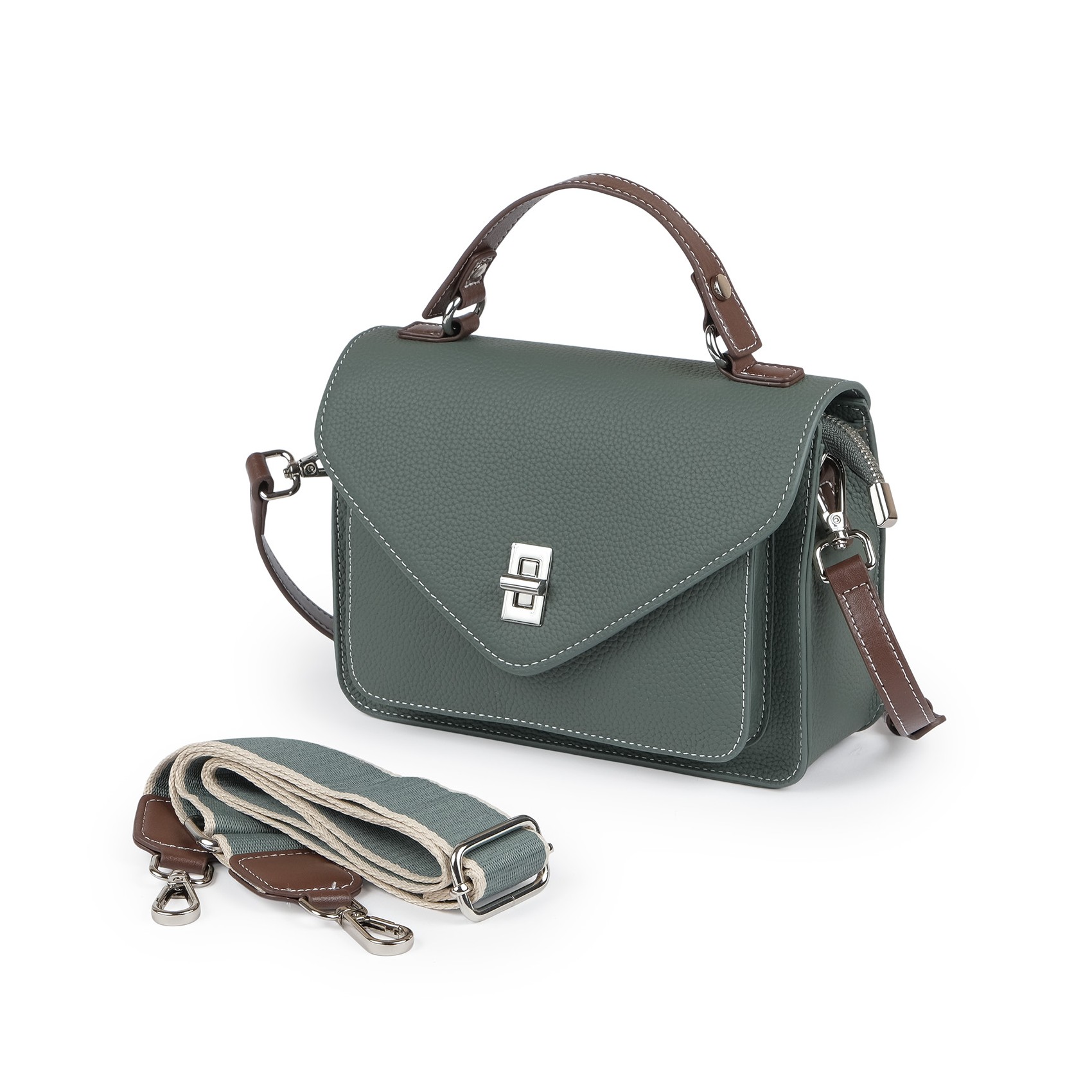 Женская кожаная сумка мессенджер Camille серо-зеленая