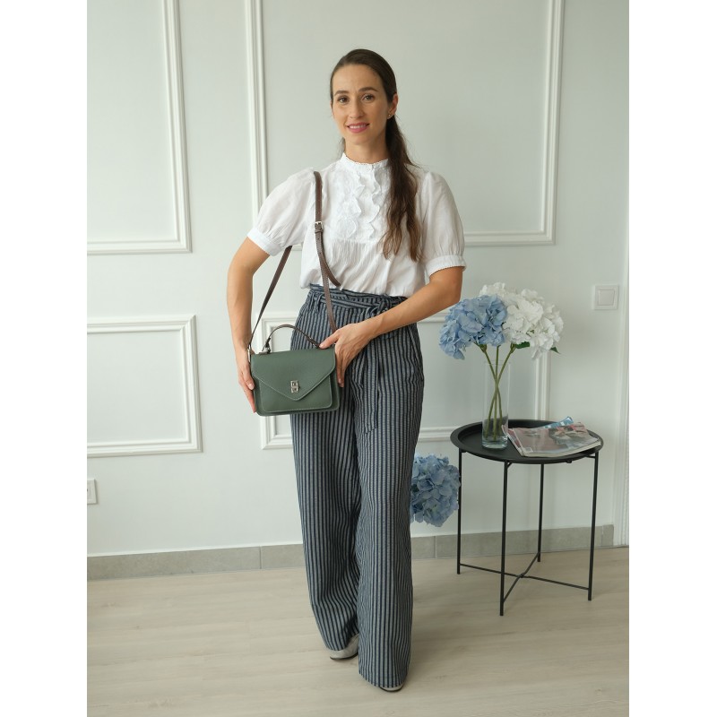 Женская кожаная сумка мессенджер Camille серо-зеленая - 3 фото