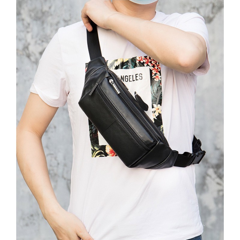 Мужская кожаная сумка бананка на пояс Linderhof черная - 1 фото