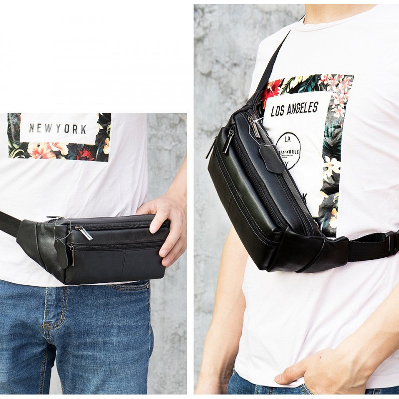 Мужская кожаная сумка бананка на пояс Linderhof черная - 2 фото