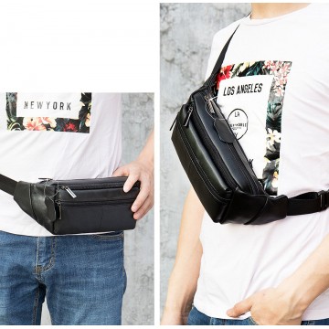 Мужская кожаная сумка бананка на пояс Linderhof черная фото