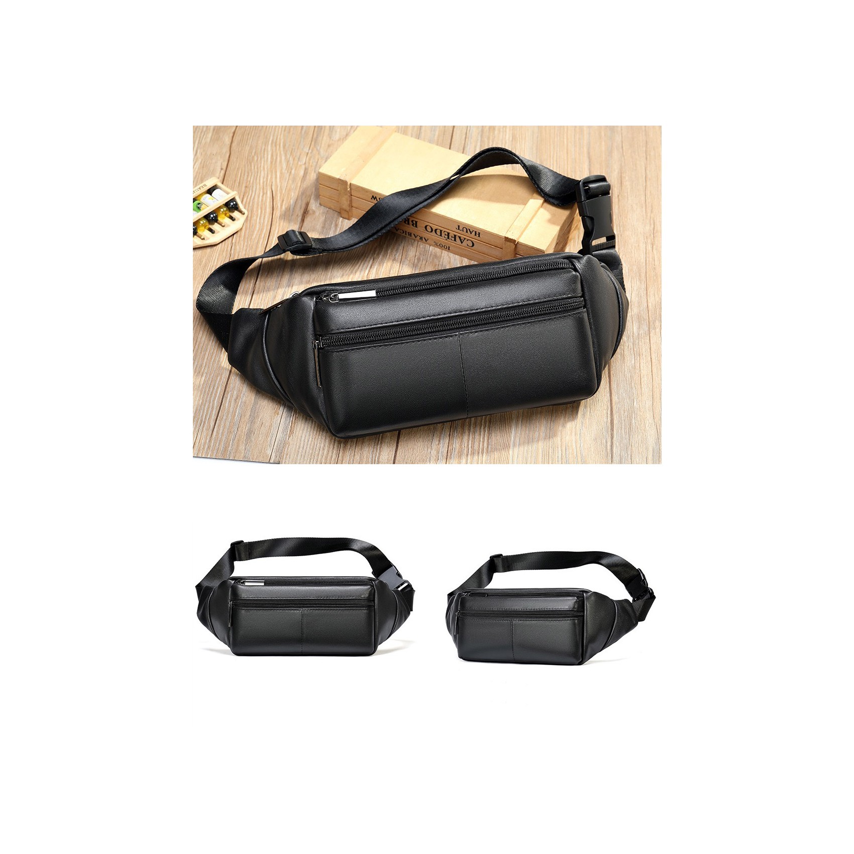 Мужская кожаная сумка бананка на пояс Linderhof черная