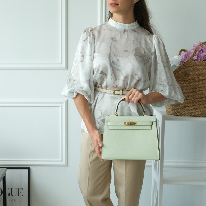 Женская кожаная сумка Kelly 28 мятная - 6 фото