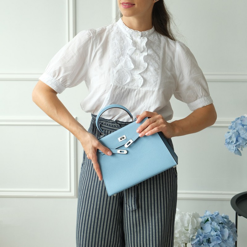 Женская кожаная сумка Kelly 25 голубая - 6 фото