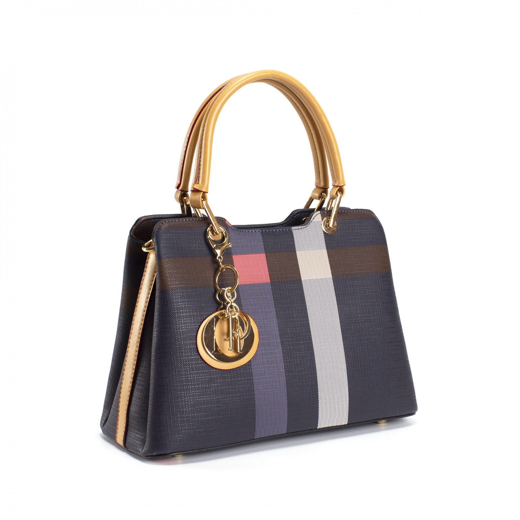 Женская классическая сумка Grace синяя с бежевыми ручками