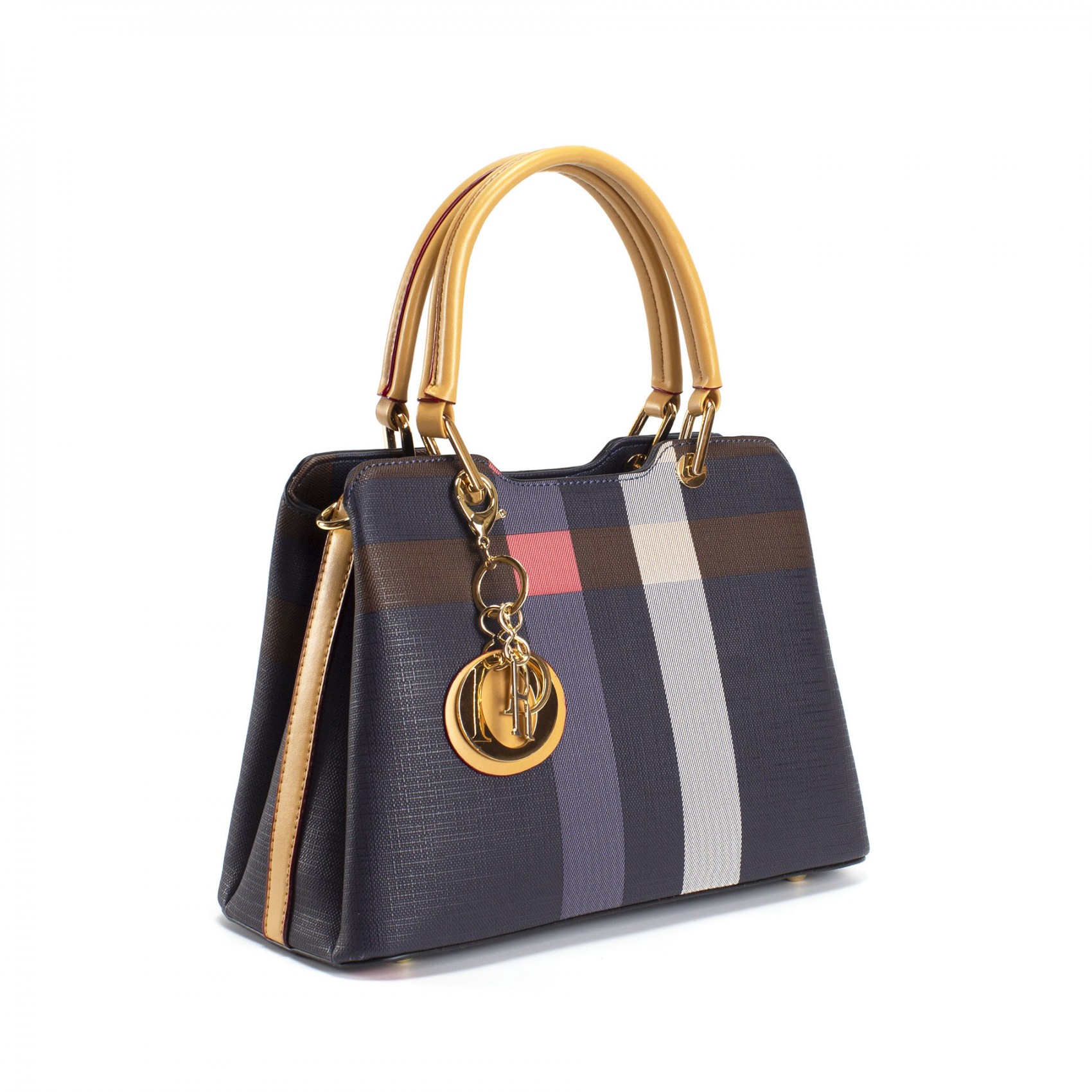 Женская классическая сумка Grace синяя с бежевыми ручками